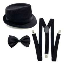 3 Packs 1920s Mens Costume Accessories Gangster Fedora Hat Bow Tie Y-Back Suspenders For Halloween Christmas Carnival Party Black - 如圖 - 查看 2