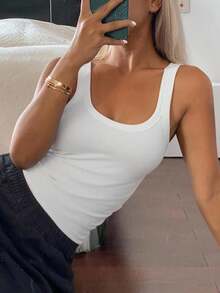 Livesso Damen einfarbiges Rundhals Lässig vielseitiges geripptes Trägershirt - Weiss - Übersicht 3