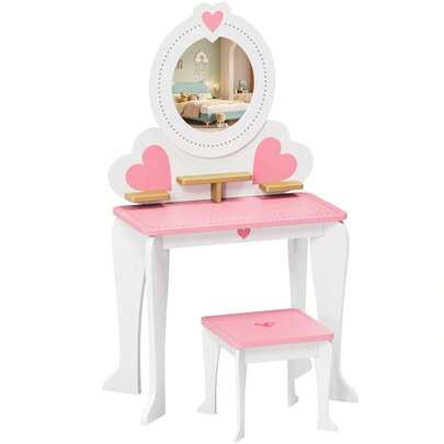 Toaletka dziecięca z wyjmowanym lustrem, drewniana toaletka dziecięca ze stołkiem, toaletka dla księżniczek, biurko dziecięce, toaletka