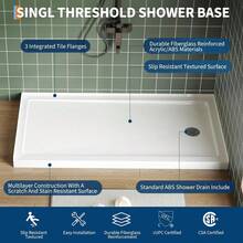 60"X32" Shower Pan With Center Drain - Single Threshold ABS Base & Non-Slip Surface,Lightweight Rectangle Acrylic Shower Base- Includes Drain Kit White - Default - View 6