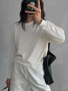 DAZY Women's Solid Color Casual Long Sleeve Loose Fit Round Neck T-Shirt Fall Tops
