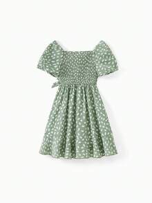 Mommy And Me Green Polka Dot Dresses Puff Sleeve Wrap Dress For Mom, Girl, And Baby, Ruffle Hem Family Matching Outfit - 綠色 - 查看 9