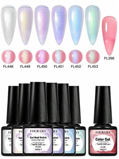 FOUR LILY 7Pcs/Set 2 In1 Aurora Top Coat Gel Glitter Nail Gel Polish Blue Purple Shiny Semi Permanent Nail Art Gel Varnish