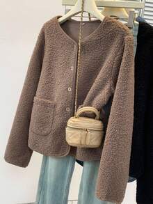 YUXIN Women's Autumn/Winter Faux Sherpa Fleece Jacket, Minimalist Round Neck Single-Breasted Design, Decorated With Dual Pockets, Multiple Colors Available, Suitable For Casual Daily And Commute Wear, Faux Fur Outerwear - Camel - View 5