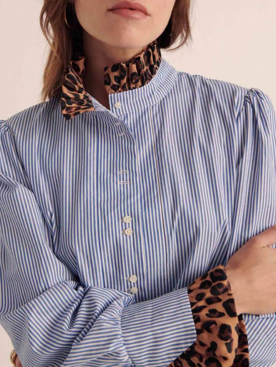 1件纯色条纹涤纶女士纽扣衬衫，适合办公室穿着，春季款 - 藍色 - 查看 1