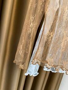 2025新款女士蕾丝高领叠穿网纱透视长袖修身打底衫，春夏秋季 - 棕色 - 查看 5