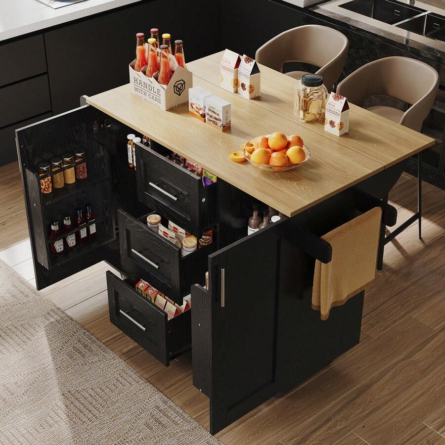 Kitchen Island, Removable Partitions, Removable Casters Like Kitchen Cabinets, Dining Cart With Countertop, Buffet Cabinet, Dining Cart With Wood Grain, Side Towel Rack With Casters, White - Black + MDF+Metal - View 1