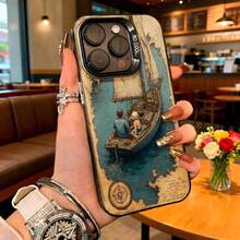 Cubierta de telefono con diseño vintage para iPhone 14 Pro Max color beige con barco antiguo y mapa del tesoro en tonos azules y marrones ideal para amantes de la navegación y aventuras marinas - Negro - Ver 1