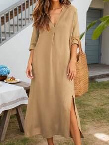 2025 大码法式连衣裙，时尚新款设计，春夏，V领，开衩，长款，法式度假连衣裙，复古，简约，法式，度假，适合海滩，适合沙地 - 卡其色 - 查看 2