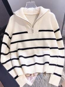 Women's Striped Casual Zip-Up Loose Knit Sweater With Turndown Collar, Long Sleeve - Black - View 2