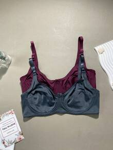 3pcs/Set Solid Color Casual - Comfortable Minimalist Casual - Sports Knit Fabric Bow Front Plus Size Bras - Multicolor - View 5