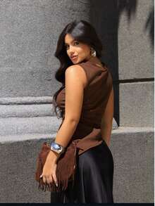 Women's Asymmetrical Ribbed Plain Blouse Summer 2025 | Sophisticated Casual Fashion Basic Look - 鏽棕色 - 查看 2