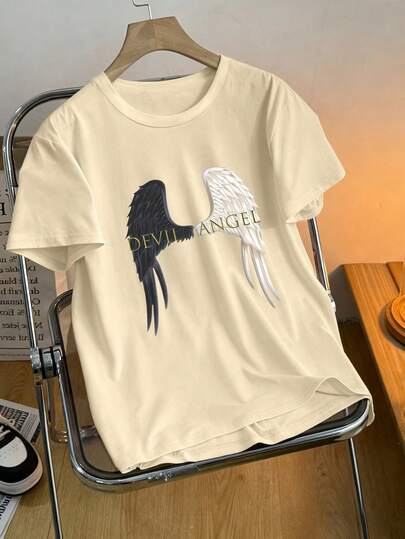 Plus Size Women Casual Loose Round Neck T-Shirt With Contrast Wing Pattern, Fashionable Everyday Wear