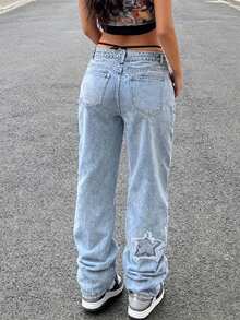 欧美休闲街头风星形贴布女士直筒牛仔裤 春季款 - 中等水洗藍 - 查看 2