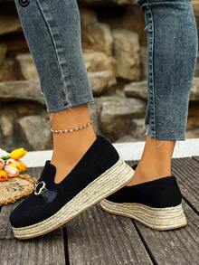 1 Pair Women's New Thick Sole Slip-On Casual Shoes, High Vamp Outdoor Comfortable Metal Buckle Fashion Versatile, Autumn/Winter - Black - View 4