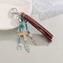 1 Piece Western Cowboy Style Faux Leather Tassel Turquoise Cross Leaf Horseshoe Pendant Keychain, Unisex Retro Fashion Backpack Car Keychain Pendant, Suitable For Daily Wear, Gift For Family And Friends - Nhiều màu - Xem 3