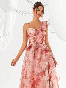 VIPGIRL Floral Print Mesh Ruffle Trim Asymmetric Neck Evening Maxi Dress - Rusty Rose - View 5