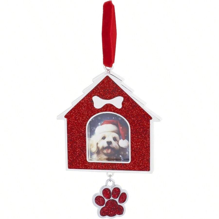 Adorno de árbol de Navidad con marco de fotos adorno de metal para decoración de árbol de Navidad adorno decorativo para colgar árbol de Navidad recuerdo anual 1 casa de perro - Plateadoyrojo - Ver 1
