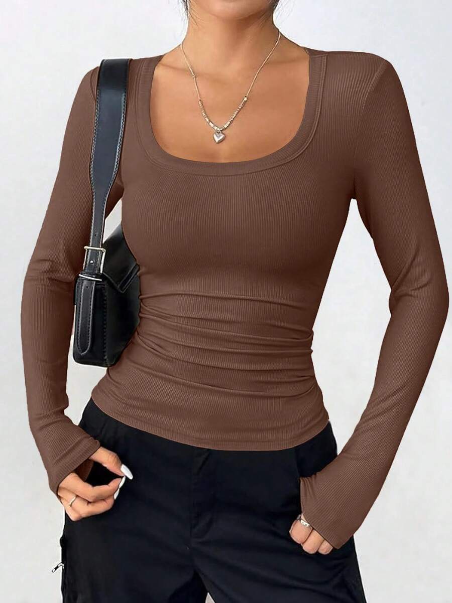 Women Spring And Fall Long Sleeve Shirts Clothes Cute Going Out Tops Ribbed Tight Fitted Plain Basic Tee Tshirts Vacation Outfits For Women - Nâu sẫm - Xem 1