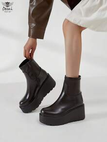 DESAI 1 Pair Women's Chunky Heel Chelsea Ankle Boots, British Style Short Boots, High Heel Boots With Side Zipper Design - Dark Brown - View 2