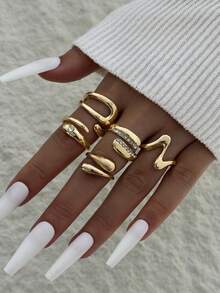 5件/6件/7件套简约优雅奢华不对称几何交叉镶钻复古光滑戒指套装，女士适用，适合派对、聚会、送礼