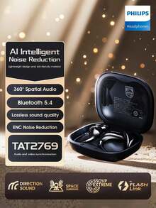 Philips 2025 New Wireless Bluetooth Earbuds, Over-Ear Hook Style, Open-Ear Earbud-Free Design, Sports, High Sound Quality, Long Battery Life, Noise Cancellation, TAT2769 - Black - View 1