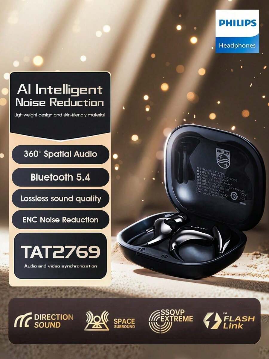 Philips 2025 New Wireless Bluetooth Earbuds, Over-Ear Hook Style, Open-Ear Earbud-Free Design, Sports, High Sound Quality, Long Battery Life, Noise Cancellation, TAT2769 - Black - View 1