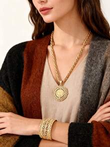 一套宫廷幸运眼和邪眼镂空金属手镯，花朵和奥斯曼图案吊坠项链，适合中东婚礼、派对、节日、圣诞礼物