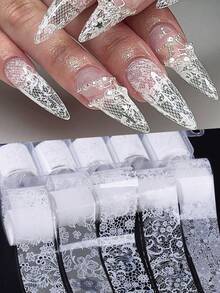 1Box White Lace Nail Art Foils Set Nail Transfer Sticker Flower Petal Retro Laces Transfer Paper DIY Manicure Nail Decoration Accessories (Adhesive Not Included) Nails Nail Supplies - White - View 3