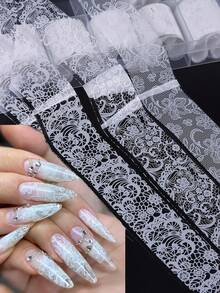 1Box White Lace Nail Art Foils Set Nail Transfer Sticker Flower Petal Retro Laces Transfer Paper DIY Manicure Nail Decoration Accessories (Adhesive Not Included) Nails Nail Supplies - White - View 4