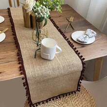 1pc Tasseled Table Runner, Square Jute Pom Pom Tabletop Decor, Christmas Party Holiday Tablecloth, Reusable Wedding Festival Table Mat - Multicolor - View 2