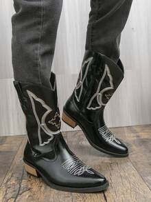 Western Style Cowboy Boots, Wedge Heel, Embroidered, Retro British Style, Couple Boots, Riding Boots, Black Boots