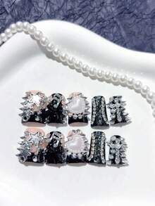 10pcs Y2K Duckbill Gothic Black & White French Handmade Press On Nails, With Cross, Silver Rivets, Stars, Musical Notes, White Pearl Hearts, Diamond Decoration; Nail Supplies, Homemade Nails, DIY Nail Art Acrylic False Nails; Suitable For Holiday, Parties, Daily Wear; Includes 1Sheet Jelly Glue & 1pc Mini File - Black - View 3