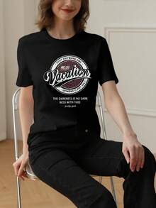 女士春夏新品独特设计字母印花圆领休闲百搭青少年舒适棉质短袖 T 恤