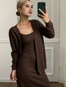 Livesso 2-częściowy elegancki damski komplet: sukienka bez rękawów i sweter kardigan, jesień - Kawowy brązowy - Zobacz 1