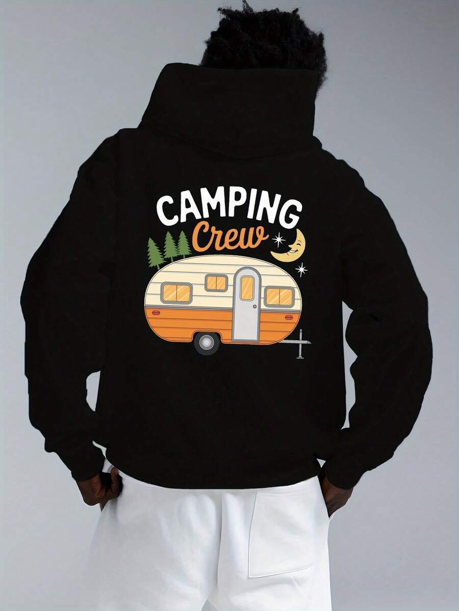 Felpa con cappuccio vintage da campeggio per uomo taglia oversize - Nero, con motivo vintage da campeggiatore e luna, vestibilità morbida, maniche lunghe, stile casual, TAGLIA OVERSIZE - nero - Visualizzare 1