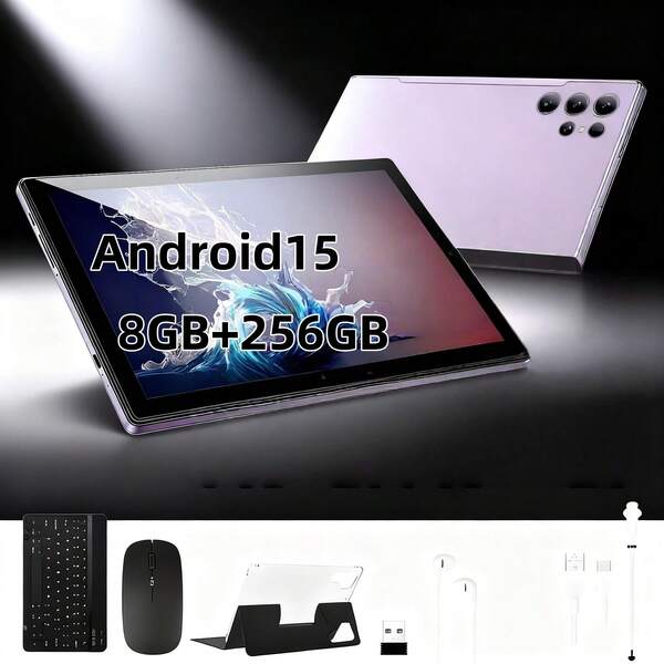W&O 2025 New 10.1-Inch Tablet PC, Android 15 Operating System, 2-In-1 Tablet With Keyboard, Mouse, Protective Case, Stylus, 256GB ROM + 8GB RAM, Supports 1TB Memory Card Expansion, 5+16MP Camera, Octa-Core Processor, 8000Mah Battery, 1280*800 IPS HD Display, Tab, Tablet, Tablet, Pad