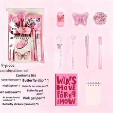 9pcs Butterfly Theme Party Stationery Gift Set - Pink, Purple And Blue Butterfly Stickers, Plush Pencils, Notebooks, Ruler And Erasers Party Favors, Classroom Rewards, Stationery (Multi-Color Options) - Multicolor - View 7