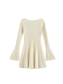 French U-Neck Knitted Dress, Waist Cinched, Slim Fit, Long Sleeve, Aran Stitch, A-Line Dress - Apricot - View 3