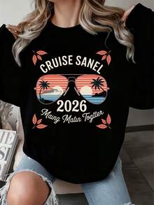 Women Round Neck Long Sleeve Sweatshirt Cruise Sanel 2026 Maung Matin Together Tropical Sunset Palm Tree Aviator Sunglasses Print For Vacation Travel Holiday Party - 黑色 - 查看 1