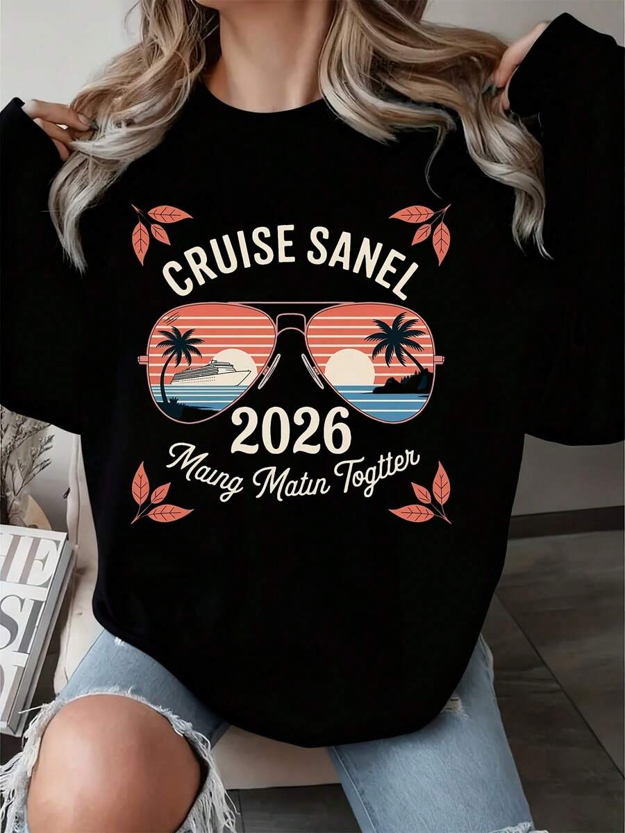 Women Round Neck Long Sleeve Sweatshirt Cruise Sanel 2026 Maung Matin Together Tropical Sunset Palm Tree Aviator Sunglasses Print For Vacation Travel Holiday Party - 黑色 - 查看 1