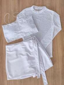 Stunning Set, 3-Piece Kit, Cropped Top, Rhinestone Bodysuit, Skort - ASPE43 Party Rhinestone Fabric Zipper Night Any Occasion - 白色 - 查看 4