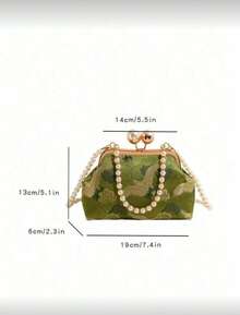 New Retro Green Fabric Faux Pearl Chain Clutch Bag, Women Versatile Shoulder Handbag For Party And Daily Use, Elegant Pearl Bag - Green - View 6