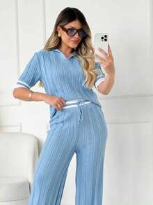 Women's Set Polo Neck Blouse And Wide Leg Pants With Striped Details Moda Gringa Moura Tricot - 淺藍色 - 查看 1