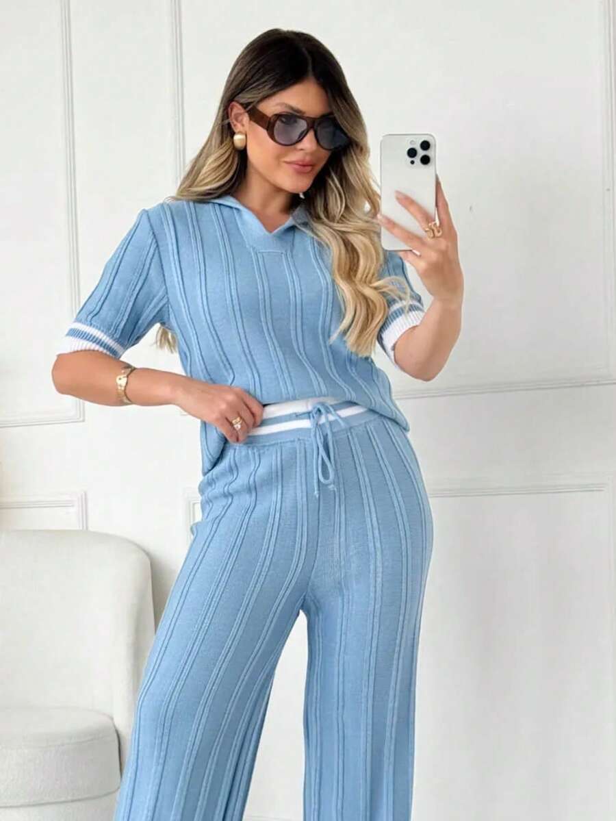 Women's Set Polo Neck Blouse And Wide Leg Pants With Striped Details Moda Gringa Moura Tricot - 淺藍色 - 查看 1