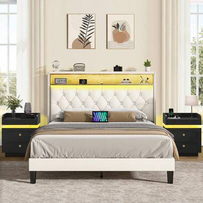 3-Pcs Bedroom Furniture Set, LED Bed Frame With Storage Shelf Headboard, Nightstand Set Of 2 With Charging Station, No Box Spring Needed, Easy Assembly, White/ Black Bed Frame, White/ Black Nightstands, Full/ Queen/ King Size Bed Frame ( USB LED Strip)