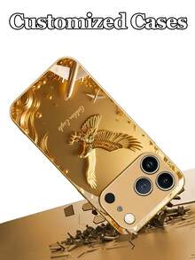 1pc Customizable Personalized Text With Luxury Gold Eagle Design Tempered Glass Phone Case, Compatible With Iphone 17 Pro Max/17 Air/16 Plus/15/17/13/12/11/XS Max/6 7 8 Plus, S25 Edge/S20/24 Plus/S23 FE/S21 Ultra, Fashion High-Definition Printing, Decorated With Gorgeous Gold Floral Pattern And Gold Aircraft Element, Best Gift For Friends, Classmates, Girlfriends, Brothers, Family - Gold - View 4