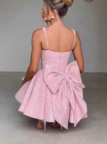 Women's Dress U-Neck Bow Glossy A-Shaped Skirt - Hồng - Xem 2