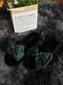 Women's Faux Fur Open Toe Slippers With Elegant Green Satin Bow, Fluffy Fuzzy House Slides, Soft Plush Memory Foam Indoor Bedroom Shoes, Warm Winter Gifts For Her,Cozy Fleece House Slippers For Women - Emerald and Black - View 1