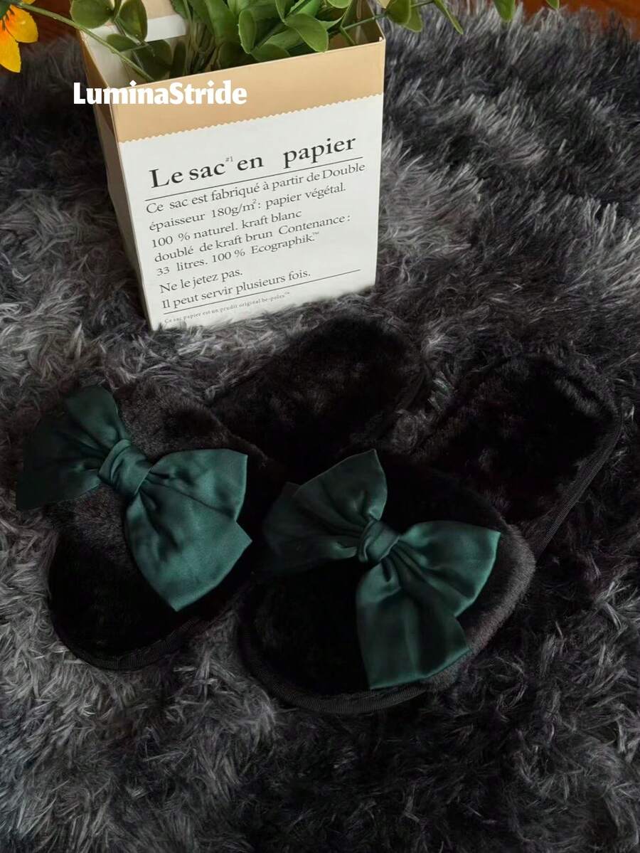 Women's Faux Fur Open Toe Slippers With Elegant Green Satin Bow, Fluffy Fuzzy House Slides, Soft Plush Memory Foam Indoor Bedroom Shoes, Warm Winter Gifts For Her,Cozy Fleece House Slippers For Women - Emerald and Black - View 1